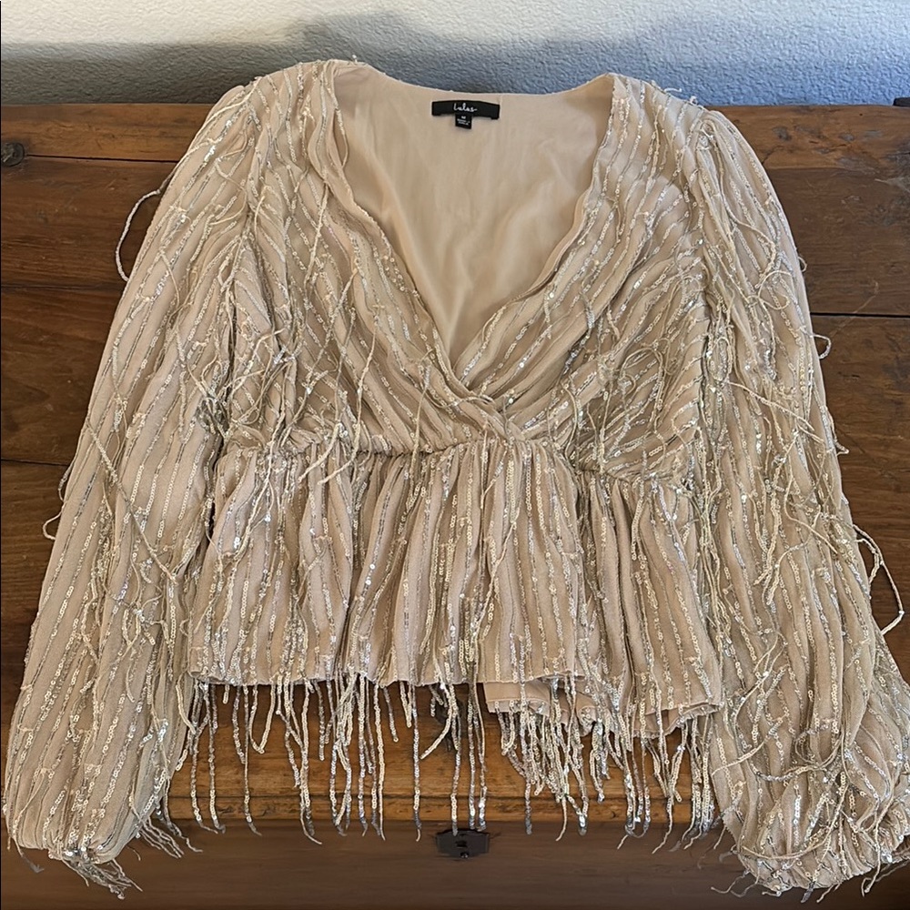 Lulus Sparkling Beige Fringe Blouse